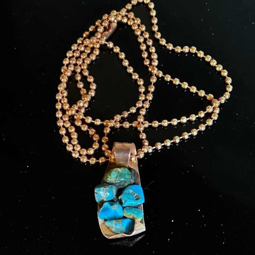 Kingman Turquoise Copper Pendant Necklace Brutalist Handmade NWT Gift Inlaid - Picture 3 of 7